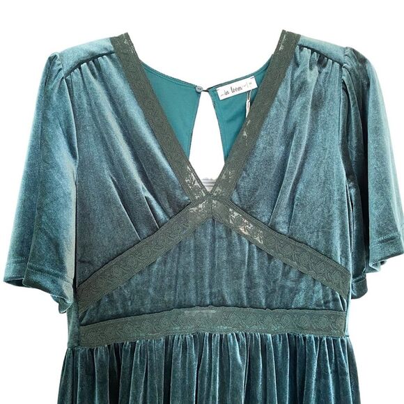 In Loom Dark Green Velvet Lace V Neck Short Sleeve Midi Dress Size Medium - Picture 7 of 9